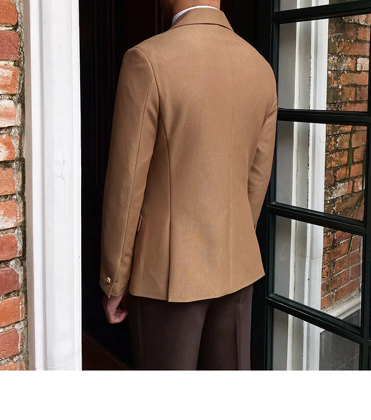 Blazer de estilo británico para hombre, traje ajustado de dos piezas con doble botonadura, color liso, informal y moderno.