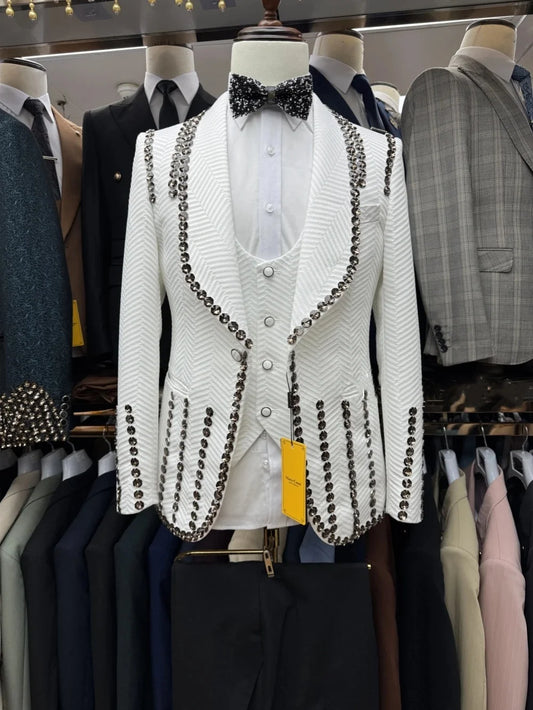 Handsome Men Suits Tailor-Made 3 Pieces Beaded Shawl Lapel Herringbone Jacket Blazer One Button Groom Customized Coat Vest Pants