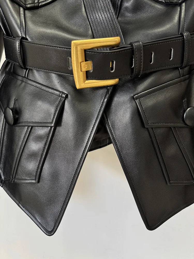 Designer Jacket Women's Belt Slim Fitting Leather Button Pocket Decoration Artificial Leather Blazer