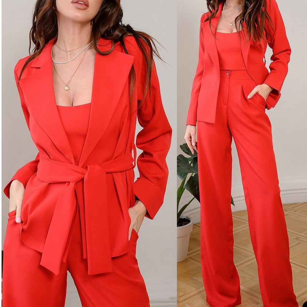 Conjunto de 2 piezas de blazer y pantalón rojo brillante para mujer, cruzado, para oficina, ocio, negocios, a medida. 