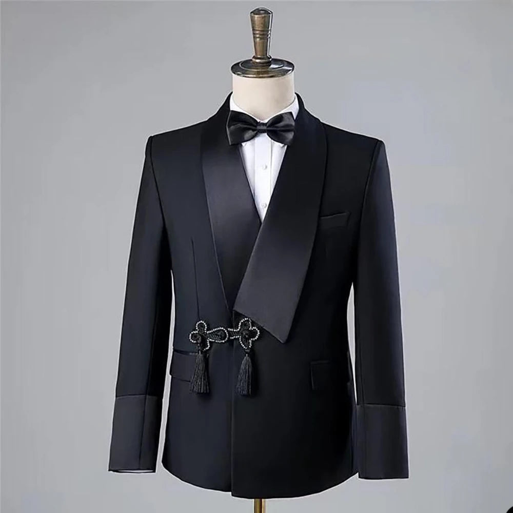Magnifique costume de mariage pour homme, coupe slim, 2 pièces (blazer et pantalon), avec revers châle et pompon