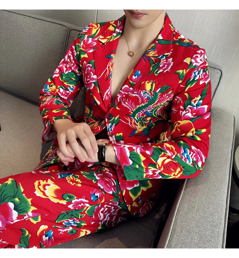 Traje de 2 piezas para hombre, estilo vintage, para fiesta, con estampado de flores grandes, estilo noreste de China, chaqueta y pantalones.