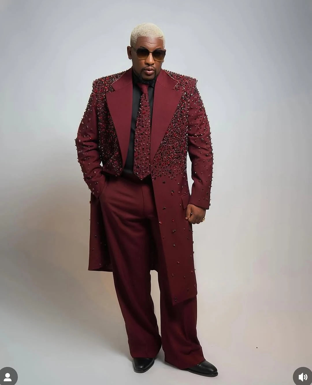 Luxury Men's Suit Peaked Lapel Tailor-Made 2 Pieces Set Jacket Crystal Beading Long Blazer One Button Customized Coat Pants