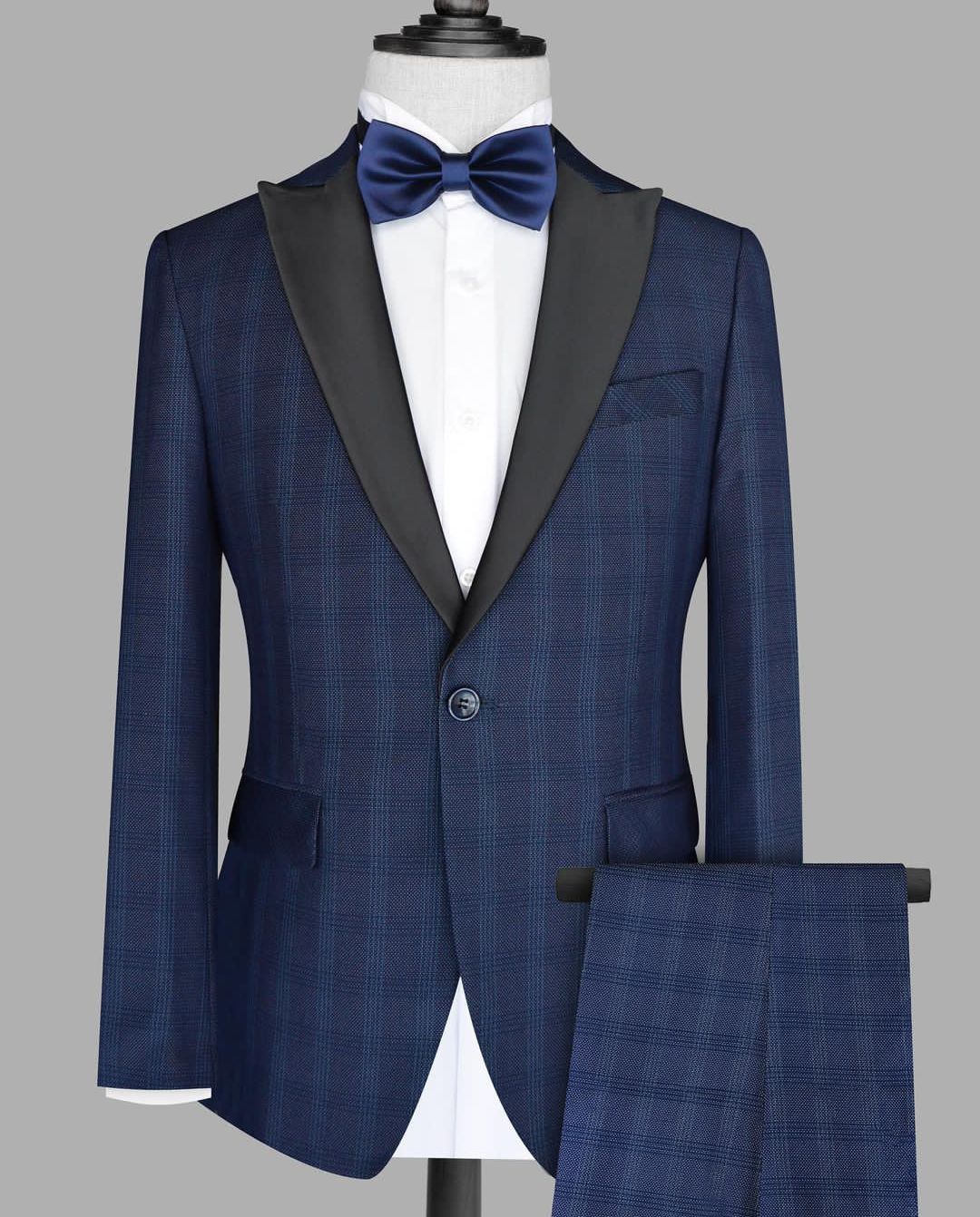 Costume homme bleu marine foncé 2 pièces blazer pantalon un bouton noir satin revers veste mode smoking affaires moderne mariage marié 
