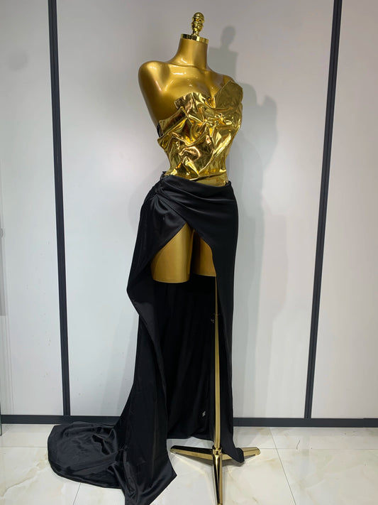 Women Gold Color Sexy Laced-up Tops 2 Pieces Set Long Dress Celebrate Evening Party Celebrity Elegant Dress