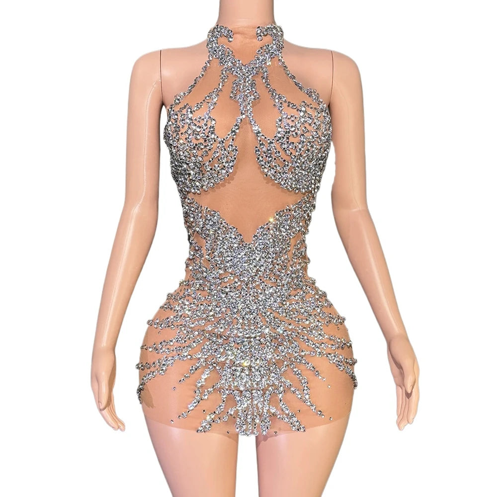 Sparkly Rhinestones Short Dress Sexy Mesh See Through Party Evening Prom Celebrate Birthday Dress Singer Show Photo Shoot Wear