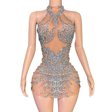 Sparkly Rhinestones Short Dress Sexy Mesh See Through Party Evening Prom Celebrate Birthday Dress Singer Show Photo Shoot Wear