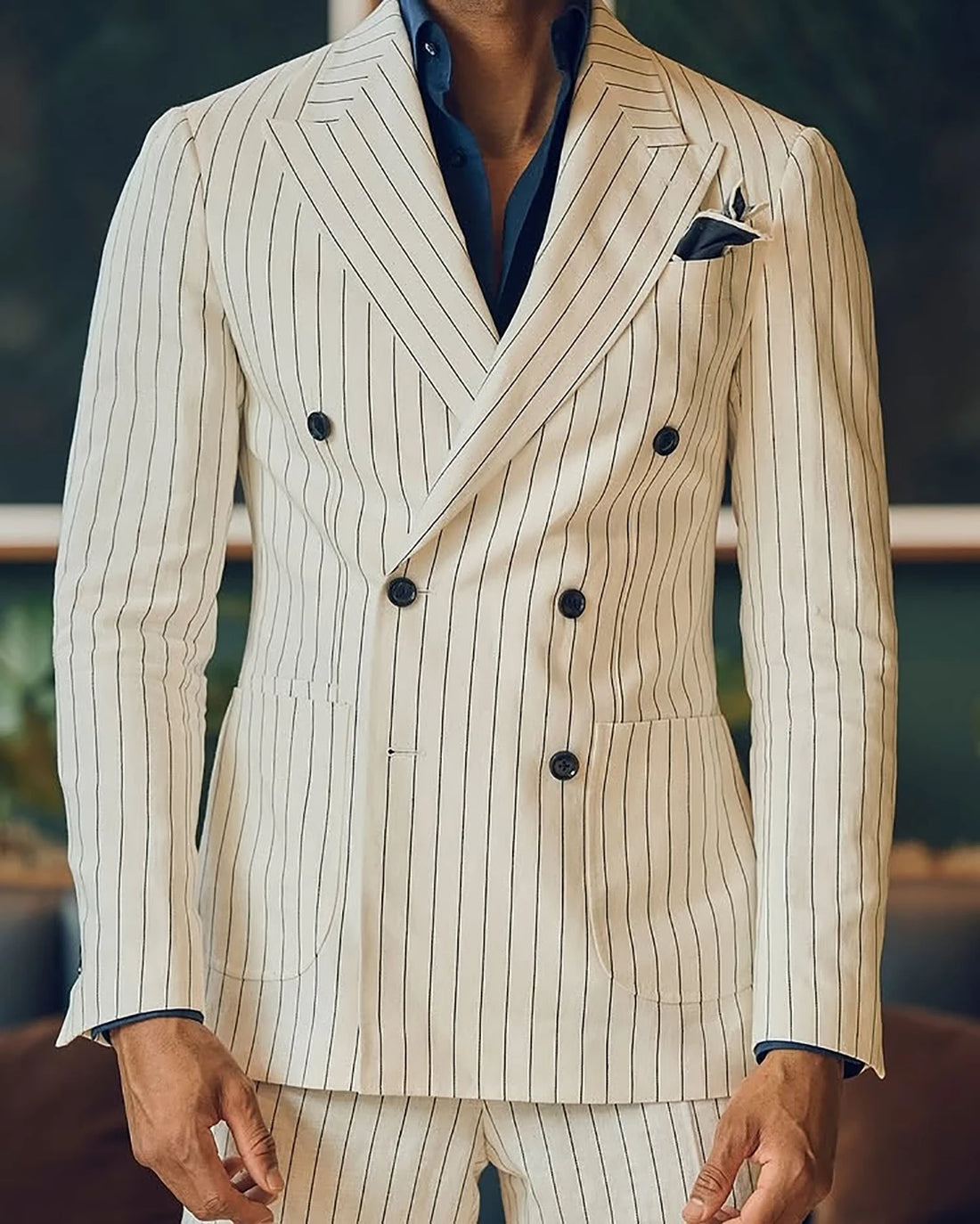 Fashion Men Suits Peaked Lapel Stripe Blazer Tailor-Made 2 Pieces Set Jacket Double Breasted Groom Customized Coat Pants