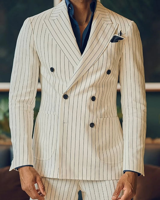 Fashion Men Suits Peaked Lapel Stripe Blazer Tailor-Made 2 Pieces Set Jacket Double Breasted Groom Customized Coat Pants