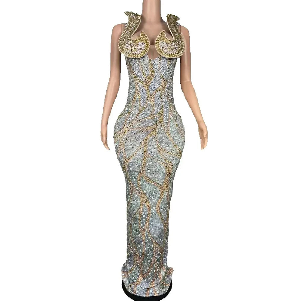 Women Luxury Crystals Sexy Stage Diamonds Slit Elegant Sheath Dress Evening Party Performance Photoshoot Singer Host Dress