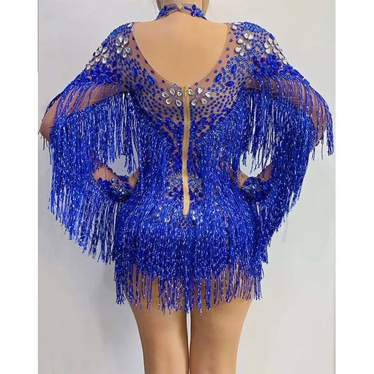 Blue Red Rhinestones Transparent Fringe Sleeve Bodysuit Women Dancer Team Singer Sexy Performance Stage Wear Party Rave Outfit