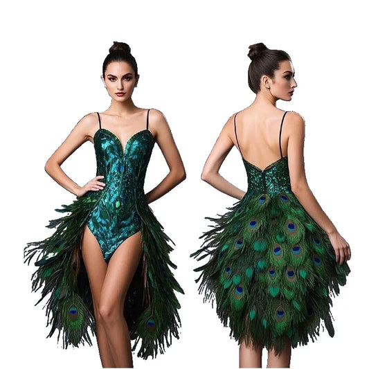 Hi Melody Peacock Feather Dress Headdress Party Gown for Women Nice Carnival Costume Photoshoot Stage Cosplay