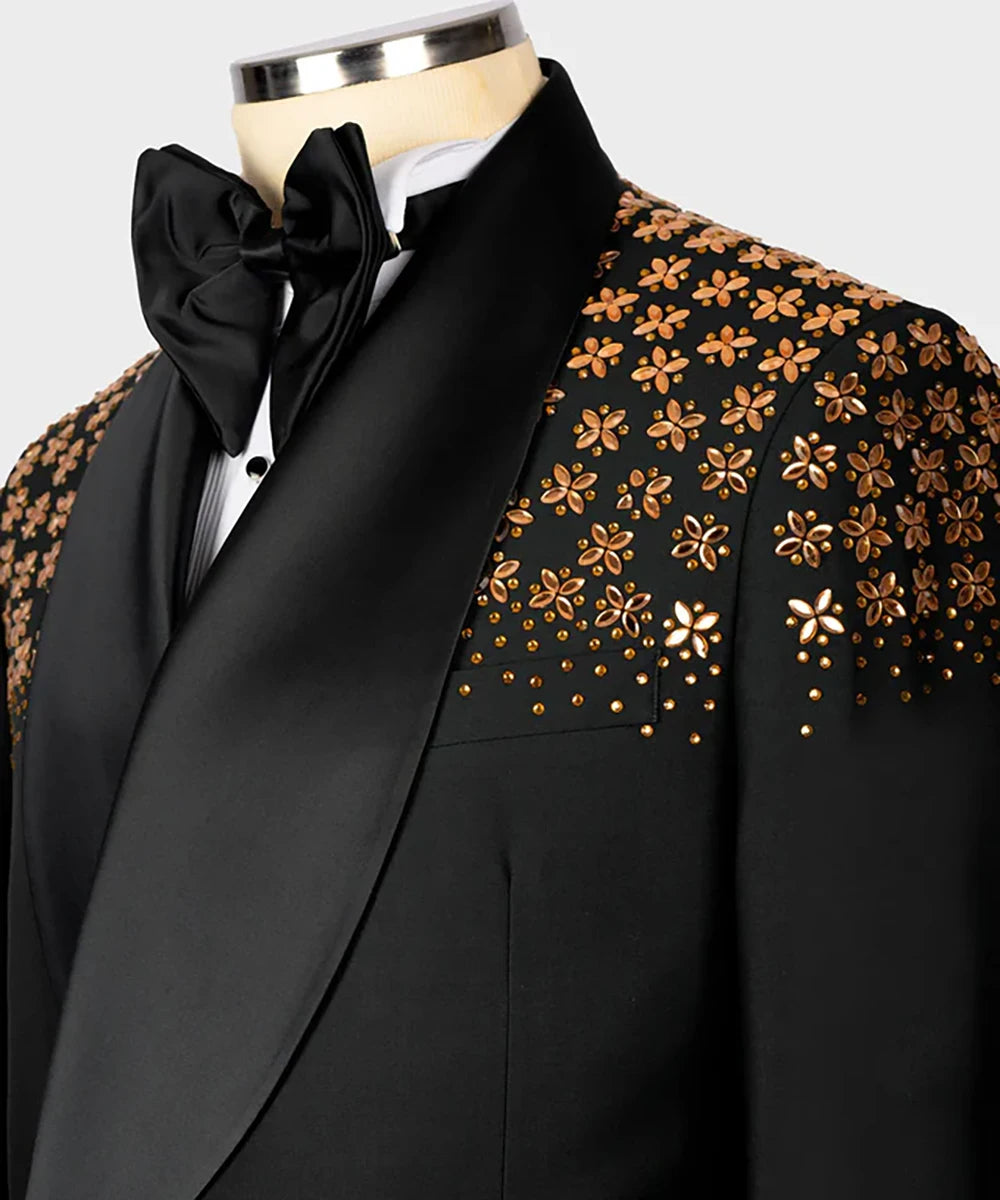 Fashion Men's Suits 2 Pieces Crystals Double Breasted Satin Wedding Prom Blazer Tuxedo Custom Made Costume Homme
