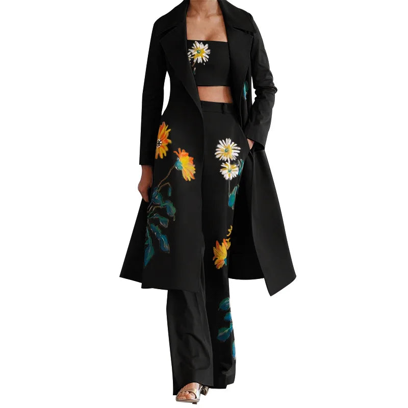Traje de pantalón cortavientos largo estampado de temperamento de otoño e invierno para mujer, conjuntos de dos piezas, atuendos para mujer 