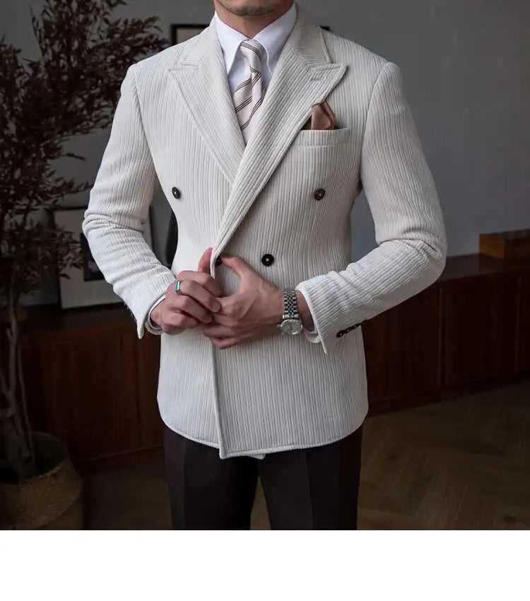 AutumnCasual Striped Jacket Men Blazer Masculino Blazer Hombre Italian Style Double Breasted Blazer Men Lapel Colla Blazer Homme
