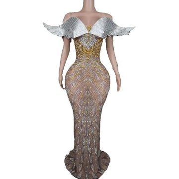 Luxury Sparkly Rhinestone Mesh Floor-length Dress Women Evening Birthday Wedding Cocktail Prom Celebrate Stage Wear Costumes