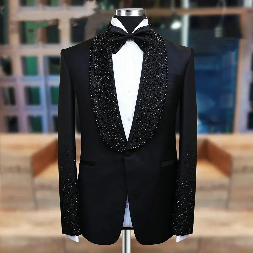 Design Man Tuxedos Handmade Beaded 1 Pcs Jacket Men Suit Luxury Shawl Lapel One Button Evening Wedding Groom Customized