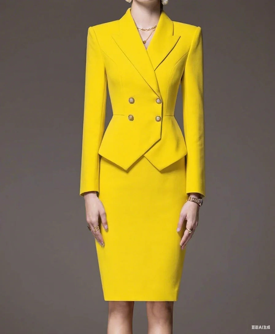 Business Women's Suit Long Sleeves Peak Lapel Lady Set for Wedding Prom Slim Fit 2 Pcs Jacket Skirt Customized