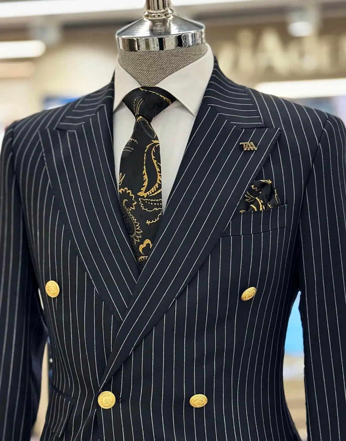 2 Pieces Classic Men Wedding Suits Peaked Lapel Pinstriped Double Breasted Tuxedos Groom Blazer with Pants Costume Homme