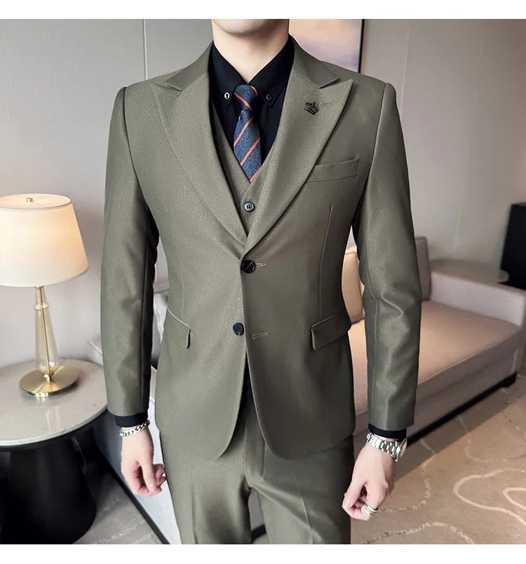 (Chaqueta + chaleco + pantalones) Traje de lujo de primavera para hombre, traje formal para novio, esmoquin de boda, traje ajustado para fiesta de trabajo, 3 piezas
