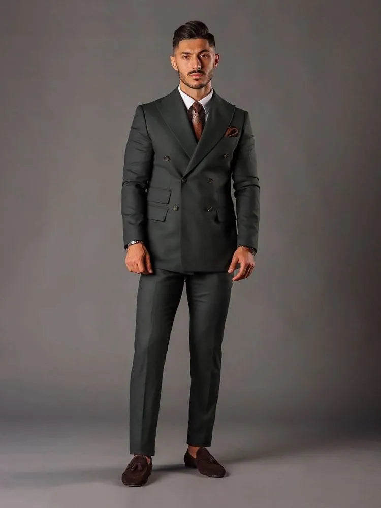 Dark Gray Jacket Sets Wedding Suits For Men Double Breasted 2 Pieces Outfit Slim Custome Large Size Tuxedo Grooms Dress