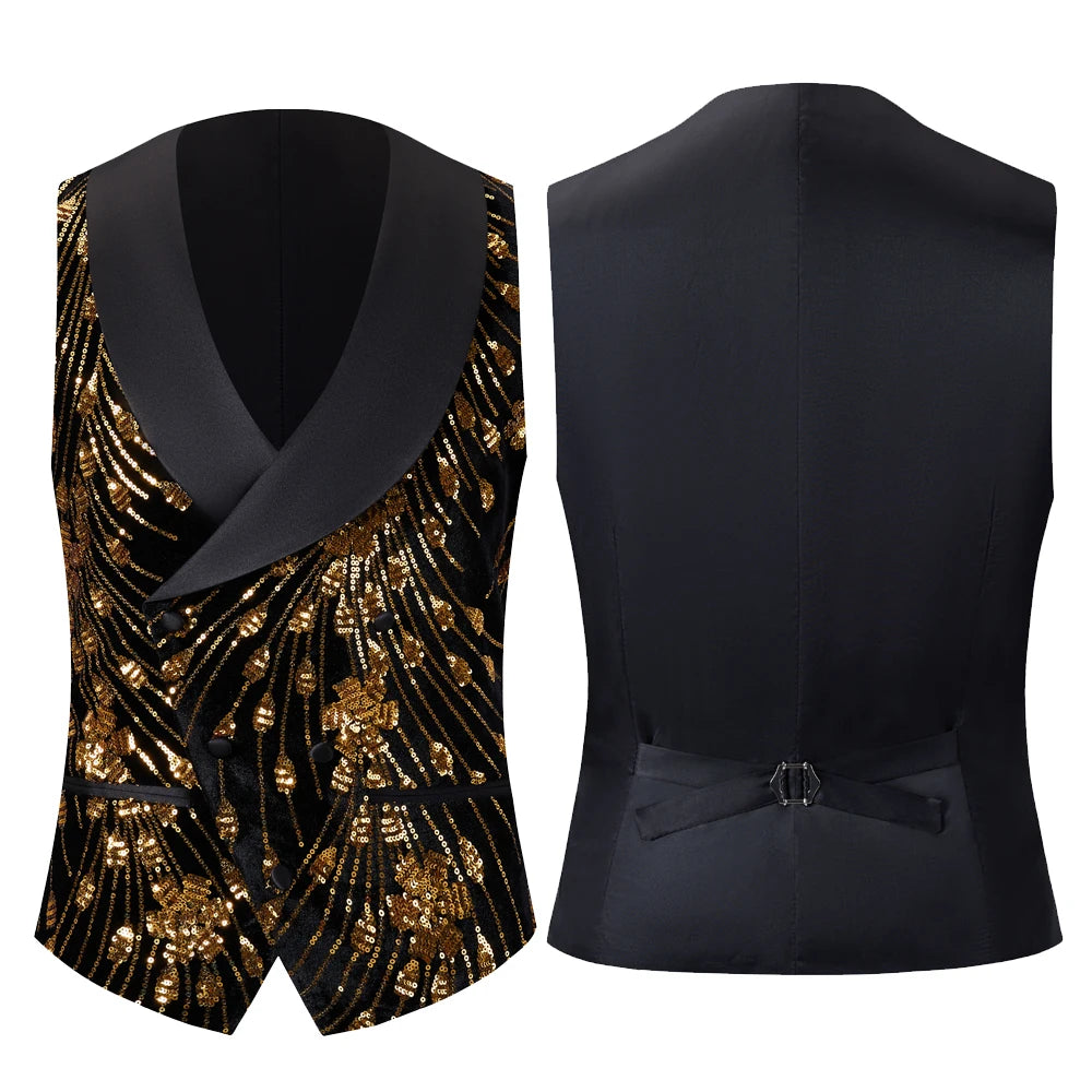 Chaleco de traje con lentejuelas doradas y brillantes para hombre, con detalles brillantes, rojo y negro, ideal para discotecas, bodas, fiestas, escenarios y cantantes. 