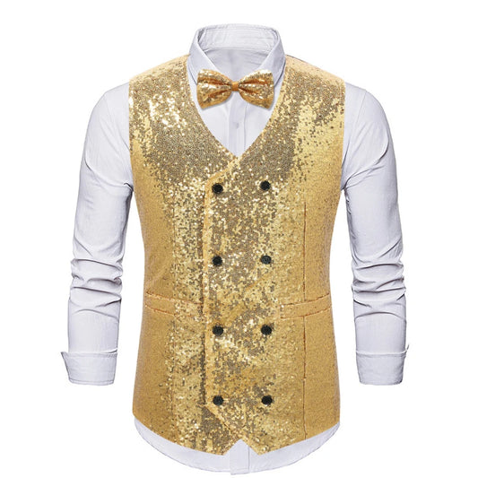 New Fashion Shiny Sequin Suit Vest for Men, Gold /Silver  Double Breasted Chalecos De Vestir Hombre
