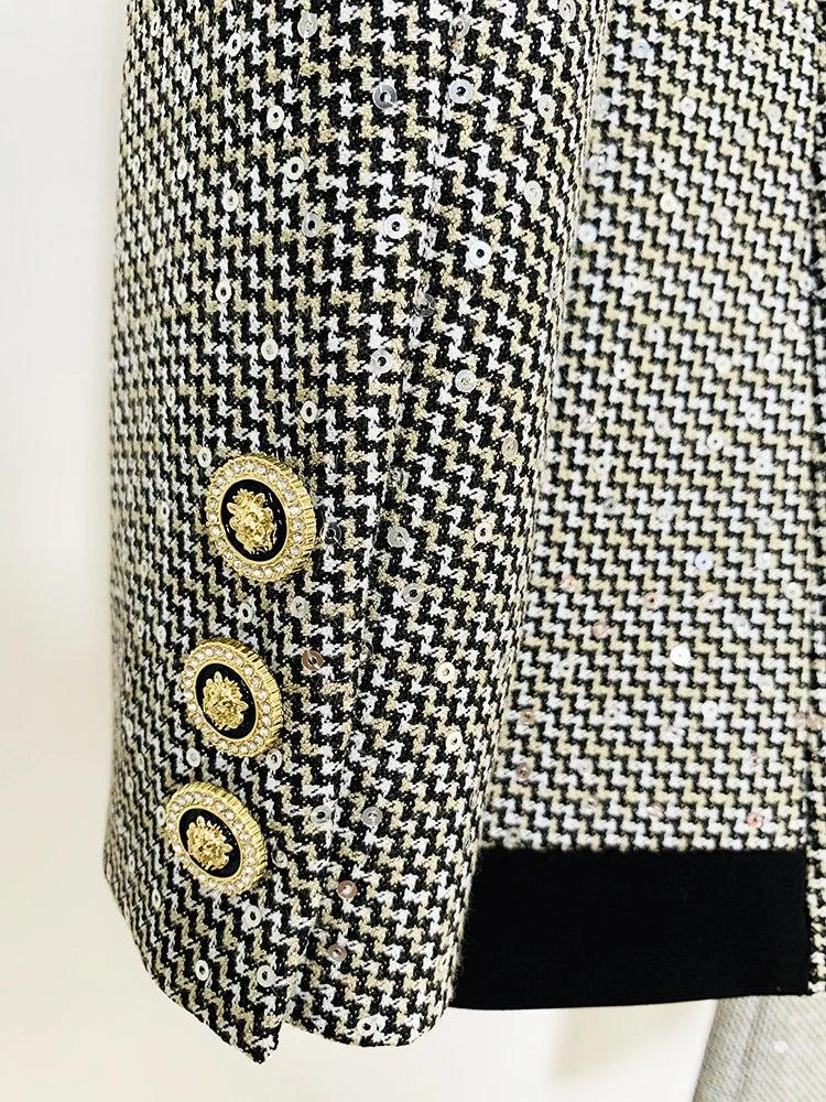 Designer Fashion Runway Suit Set Women Glitter Squined Blazer Jacket Pants Set