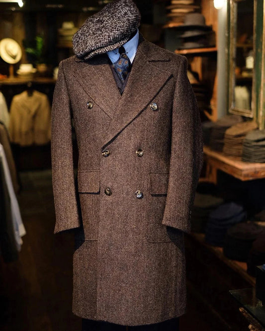 Handsome Men's Overcoat Herringbone Peaked Lapel Overgarment Autumn Warm Tailor-Made Topcoat Double Breasted Customized Coat