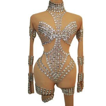 Fashion Celebrity Superstar Performance Costume Stage Wear Women Long Sleeve Sparkly Crystal Mesh Bodycon Jumpsuit