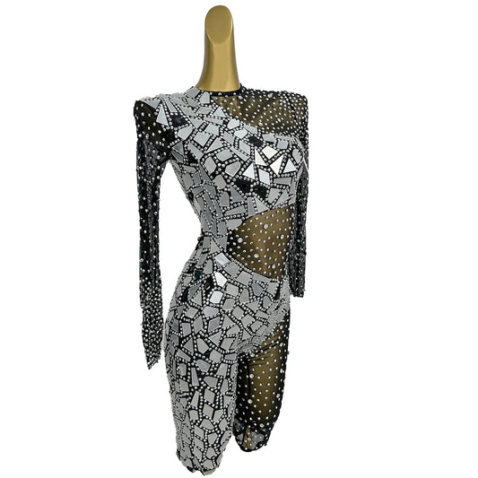 Sexy Women Black See Through Mesh Bodysuit Sparkly Rhinestone Mirrors Tight Fitting Catsuit Club Party Event Show Wear
