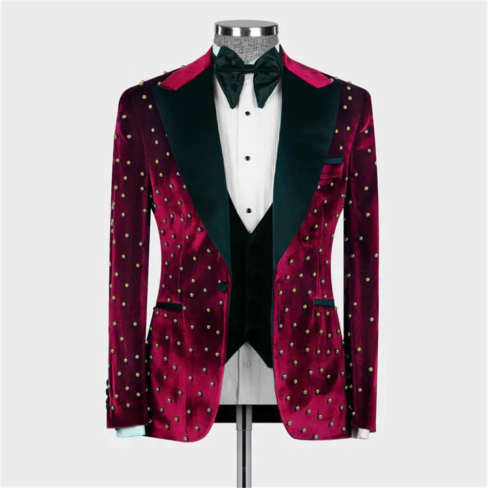 Man Velvet Suits With Handmade Gold Pearls Groom Wedding Tuxedos Custom Made Black Peaked Lapel 3 Pieces Formal Prom Blazer Sets