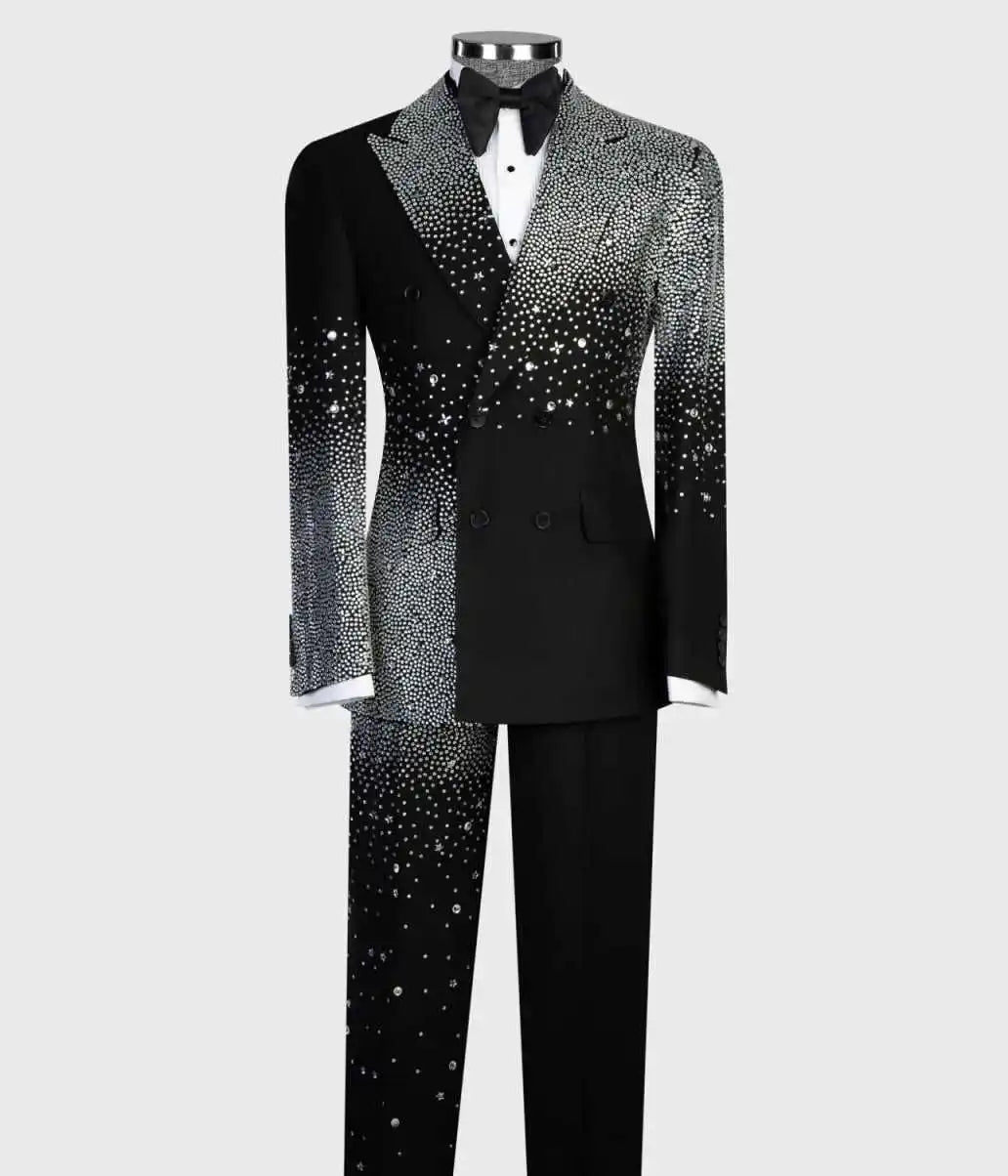 Sparkly Men's Suits 2-Piece Beads Blazer Peaked Lapel Double Breasted Wedding Slim Fit Diamonds Custom Made Plus Size