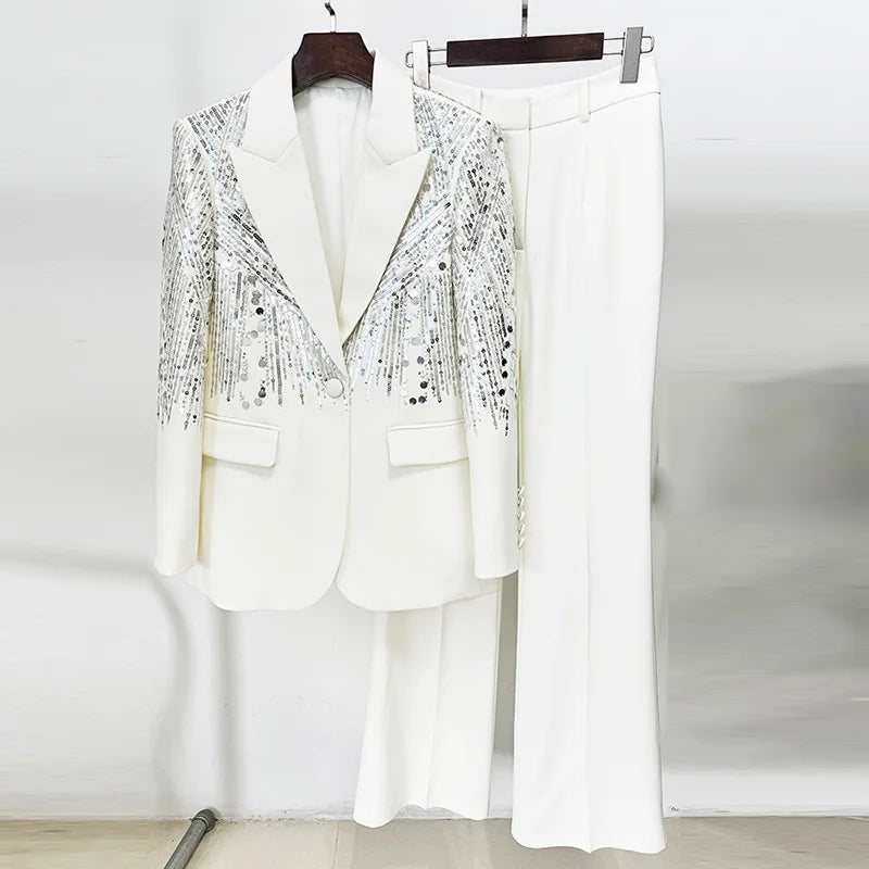 White Beaded Embroidery Sequins Pants Sets Women 2 Piece Outfits Blazer Pantsuits for Women Suits Outfits Black