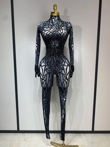 Women Sexy Black Rhinestone Stretch Bodycon Jumpsuit Club Evening Party Birthday Wear Singer Dancer Stage Perform Costume
