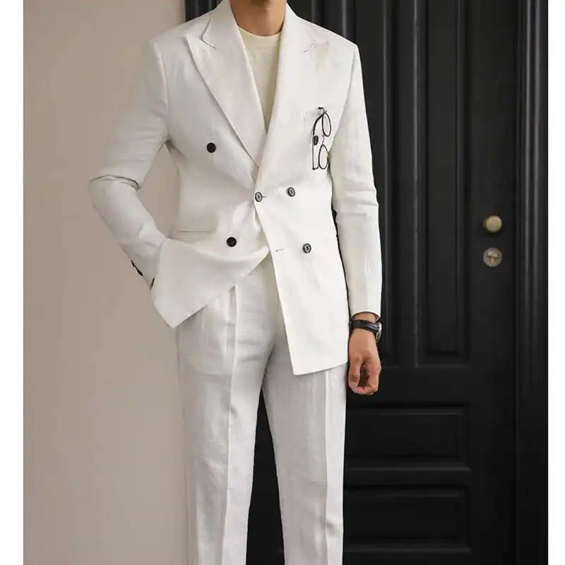 Luxury Linen Double Breasted Italian Suit for Men's Versatile Slim Fit Business Lapel Collar Retro Suit