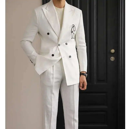 Luxury Linen Double Breasted Italian Suit for Men's Versatile Slim Fit Business Lapel Collar Retro Suit