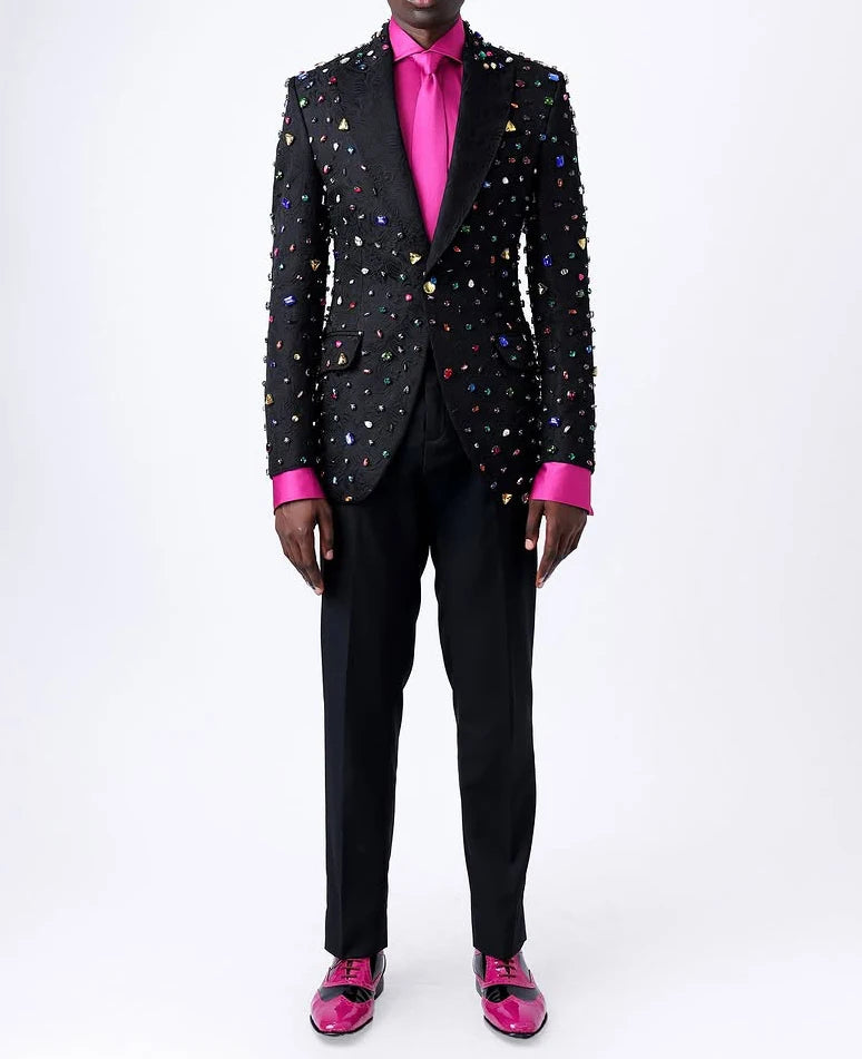 Elegant Men Suits Peaked Lapel Crystal Tailor-Made 2 Pieces Set Jacket One Button Jacquard Blazer Groom Customized Coat Pants