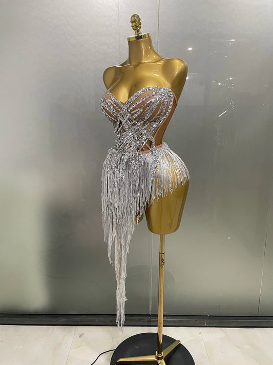 New Sparkly Rhinestone Sequin Tassel Sexy Mini Skirt Two Pieces Set Women Birthday Celebrate Party Nightclub Stage Costume