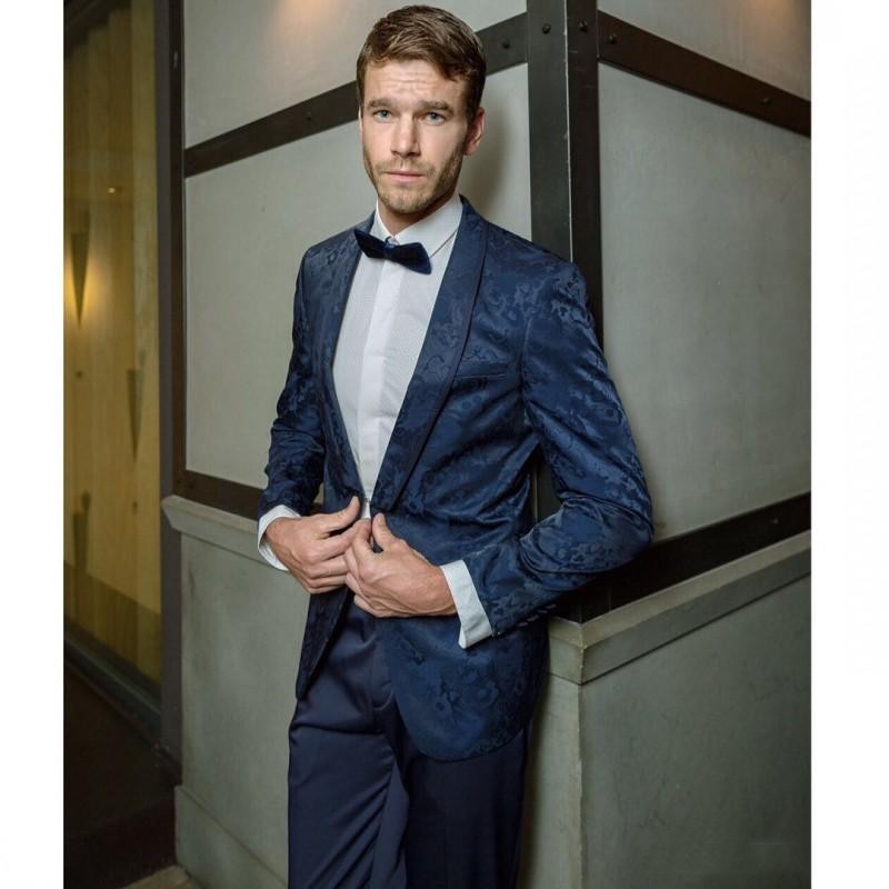 Costume 2 pièces bleu marine pour homme, blazer en jacquard, pantalon, un bouton, revers en pointe, smoking, costume de marié moderne pour homme 