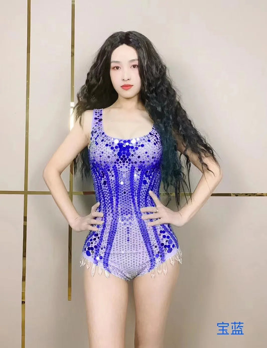 Women Sexy Stage Purple Rhinestones Sequins Leotard Evening Birthday Celebrate Bodysuit Costume Performance Photo Shoot Outfit