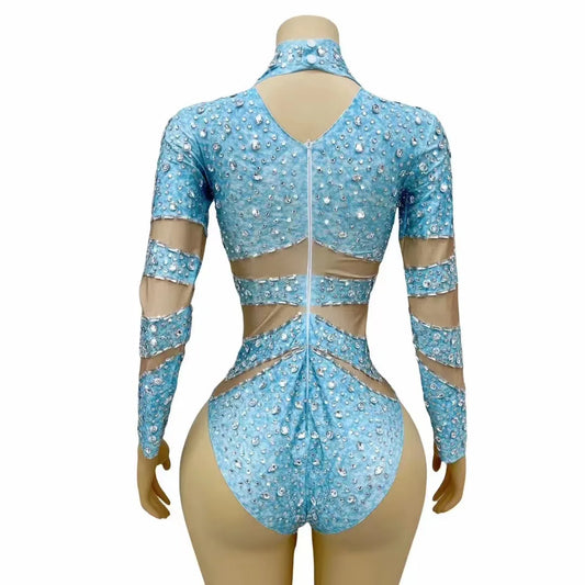 Sexy Stage Sky Blue Spandex Leotard Silver Rhinestones Luxury Celebrate Bodysuit Outfit Party Singer Collection Birthday Costume