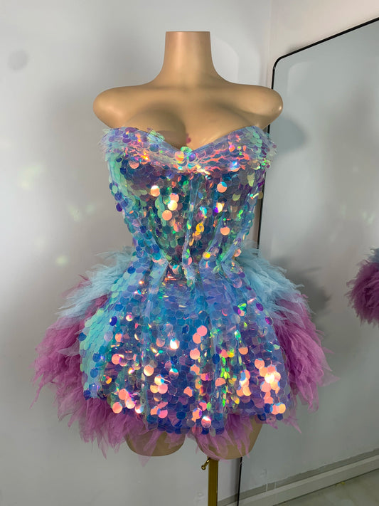Tenue deux pièces à volants et paillettes scintillantes pour femme, ensemble haut dos nu et jupe, robe de danse pour spectacle en boîte de nuit, tenue de scène pour chanteuse
