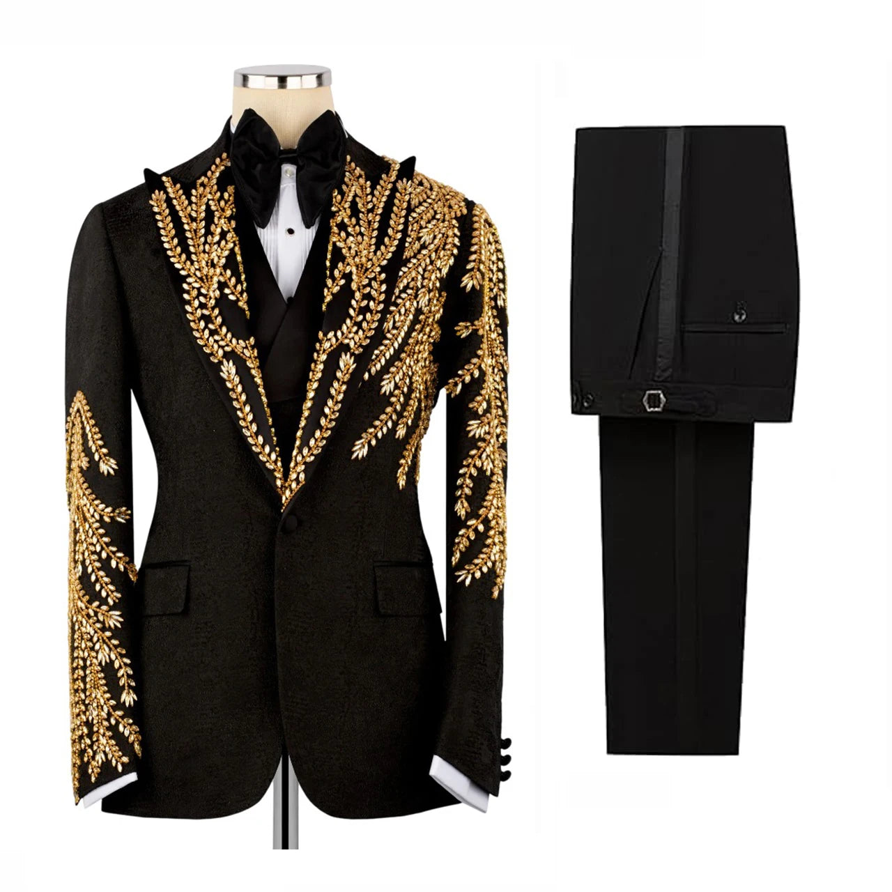 Luxury Men Suit Jacquard 2-Piece Blazer Single Breasted Jacket Beaded Slim Fit Wedding Tuxedo Groom Prom Customized