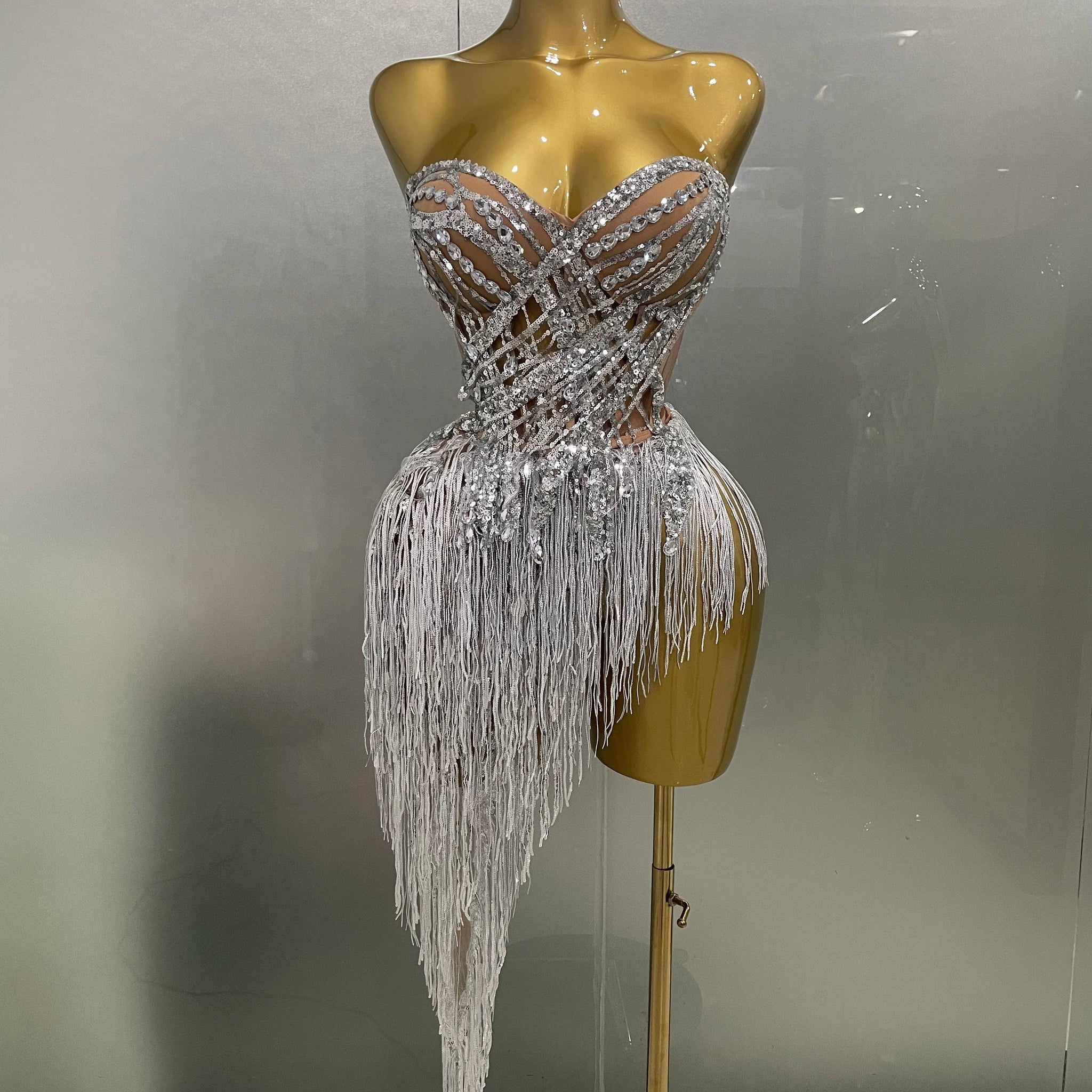 New Sparkly Rhinestone Sequin Tassel Sexy Mini Skirt Two Pieces Set Women Birthday Celebrate Party Nightclub Stage Costume