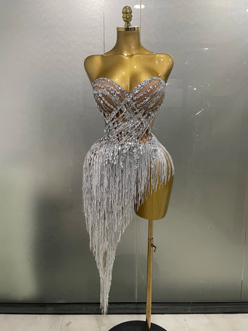 New Sparkly Rhinestone Sequin Tassel Sexy Mini Skirt Two Pieces Set Women Birthday Celebrate Party Nightclub Stage Costume