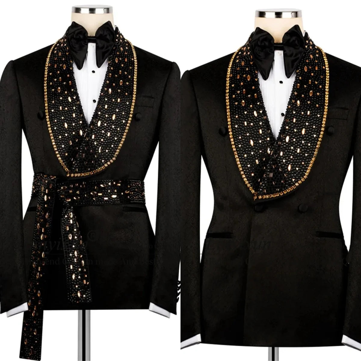 Crystal Men Wedding Suits Shawl Lapel Tuxedo Belt Groom Wear 2 Pcs Jacket Pants Business Evening Party Customized