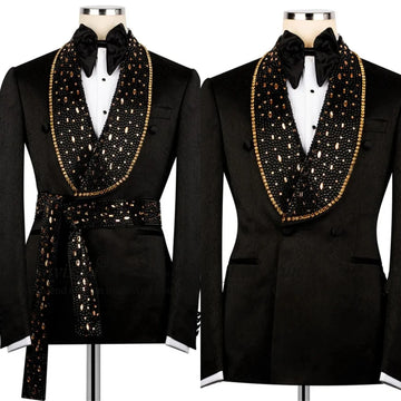 Crystal Men Wedding Suits Shawl Lapel Tuxedo Belt Groom Wear 2 Pcs Jacket Pants Business Evening Party Customized