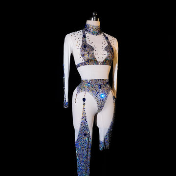 Glittering Rhinestone Party Blue Mesh Jumpsuit Gauze Tights Stretch Leotard Stage Outfits Nightclub Dancer Drag Queen Birthday