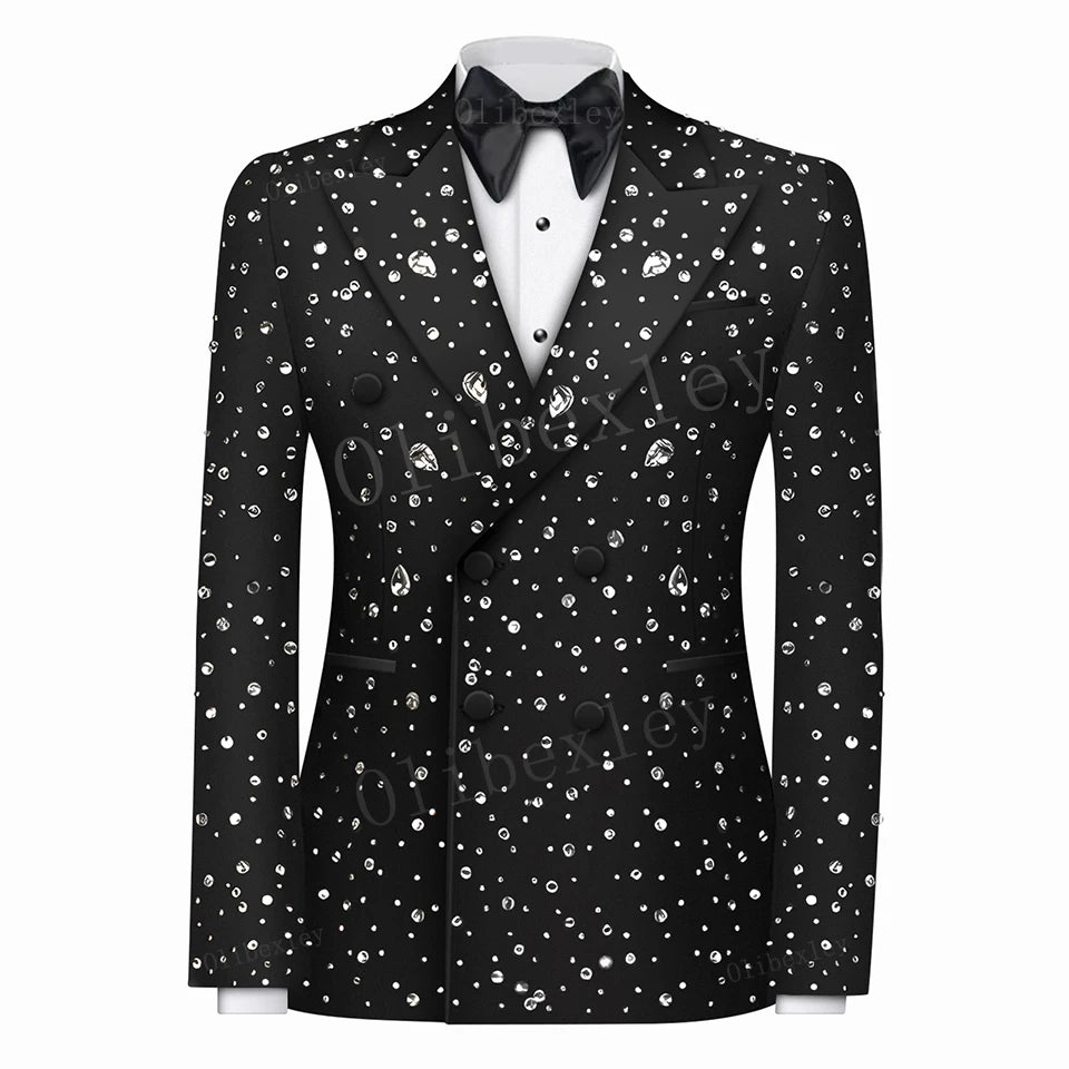 Luxury Full Crystal Tuxedos for Men Wedding Slim Fit Tailored Peaked Lapel Jacket 2 Pieces Male Costume Groom for Prom